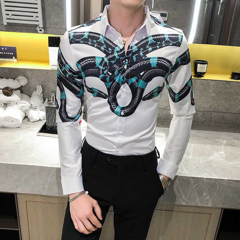 

Luxury Snake Print Shirts for Men Casual Slim Fit Dress Shirt Long Sleeve Streetwear Nightclub Blouse Clothes Camisa Masculina 210527, White