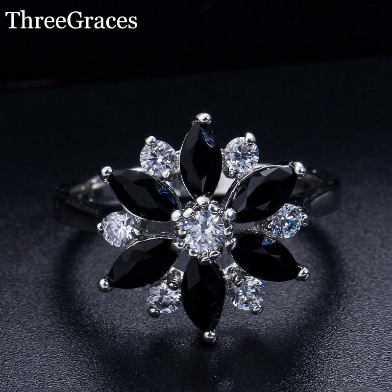 

Cluster Rings ThreeGraces Designer Austrian Crystal Ladies Party Jewelry Silver Color Round Flower Shape Black Stone RG072, Golden;silver