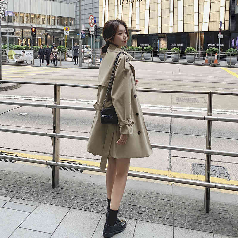 

women's trench coats windbreaker mid-length short-height coat 83wr, Tan;black