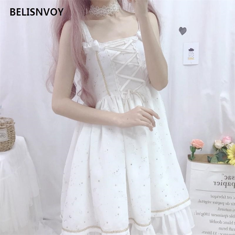 

Lolita Star Sky Printed Dress Women Girls Summer Sleeveless spaghetti strap es Vintage Sweet Jsk Cosplay Costume 210520, Only white sundress