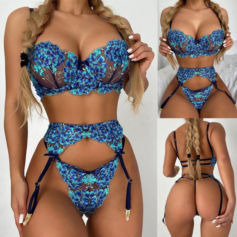 

Bras 3-piece Set Of Blue Lace Split Sexy Lingerie Women's Underwear Mesh Transparent Bra Erotic, Black