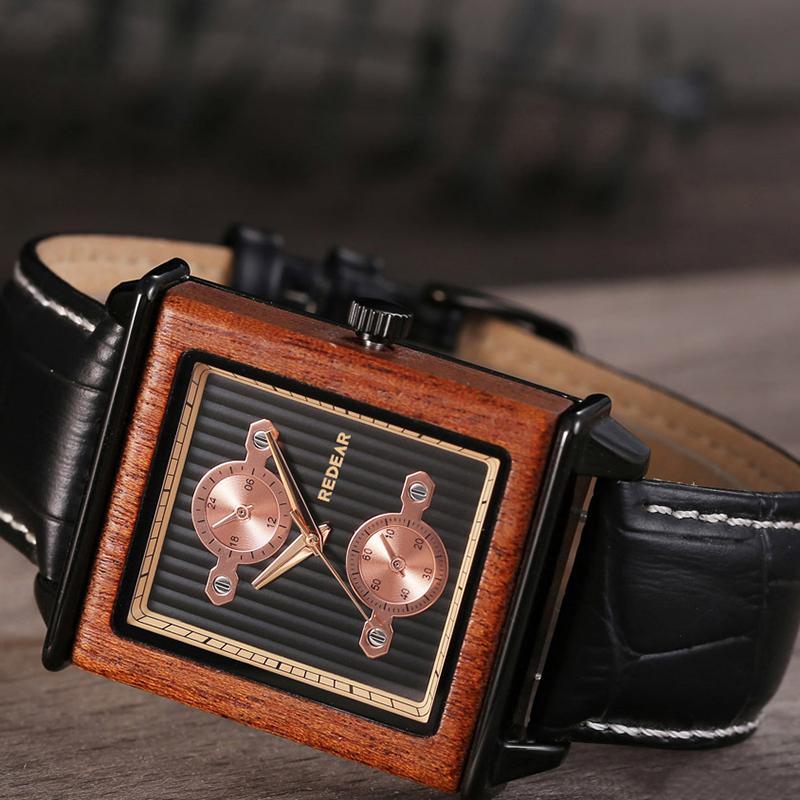 

Wristwatches REDEAR Wooden Square Casual Watch Men Corium Strap Waterproof Quartz Man's Wristwatch, No.3