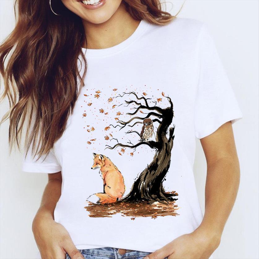 

graphic fox watercolor printing style womens t shirt cartoon 90s animal clothes clothing tees print female, White