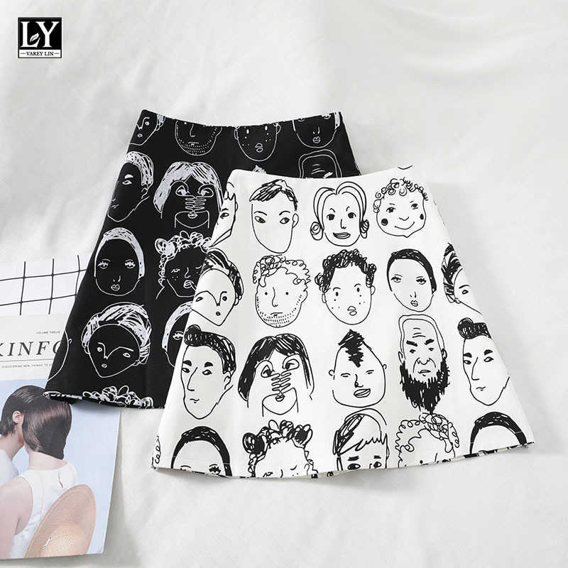 

LY VAREY LIN Summer Women Casual Graffiti White High Waist Mini Skirts Female Slim Cartoon A-line Black 210526