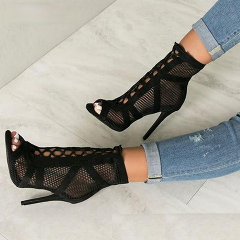 

Fashion Black Net Fabric Cross-tied Sandals Summer Lace Up Peep Toe High Heels Ankle Strap Hollow Out Woman Shoes Dress