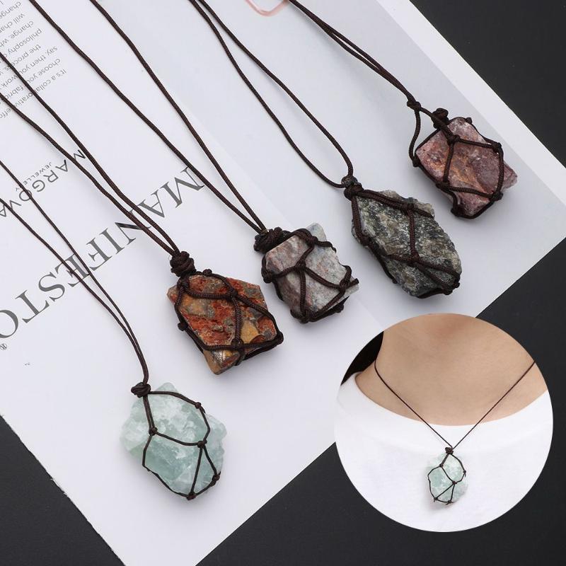 

Pendant Necklaces Braid Net Pocket Reiki Healing Stone Raw Crystal Quartz Necklace Natural Mineral Fluorite Labradorite Hangings Gift, Silver