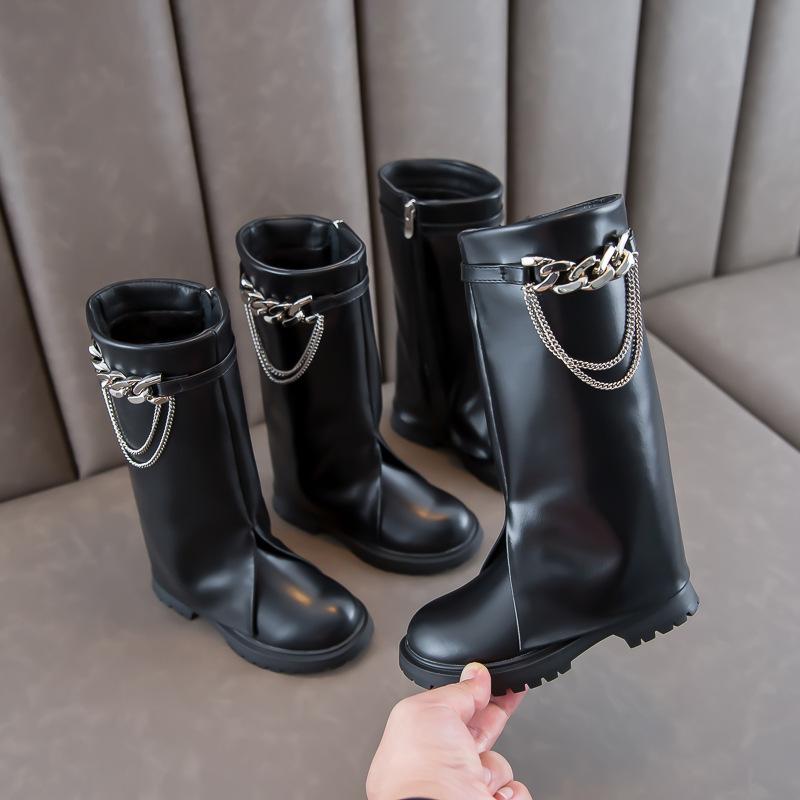 

Boots Kids Winter Baby Girls Knee High Shoes Children Leather Brand Black Chain Rome Fashion