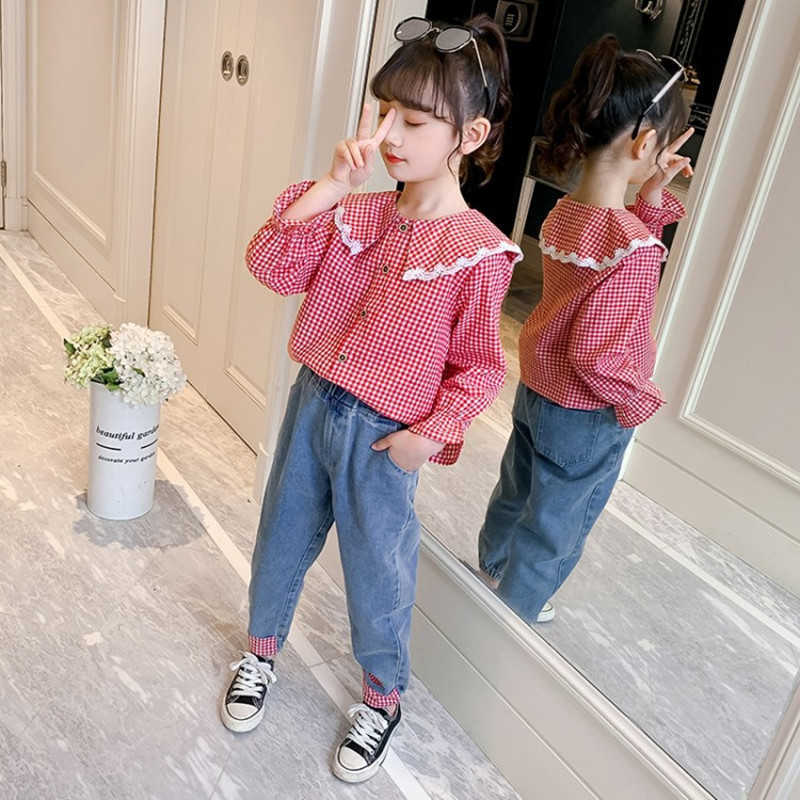 

Autumn Spring 4-14 Years Teenager Tracksuit Kids Long Sleeve Plaid Blouse+Jeans 2 Pieces Clothing Set Baby Girl Outfits 210701, Yellow