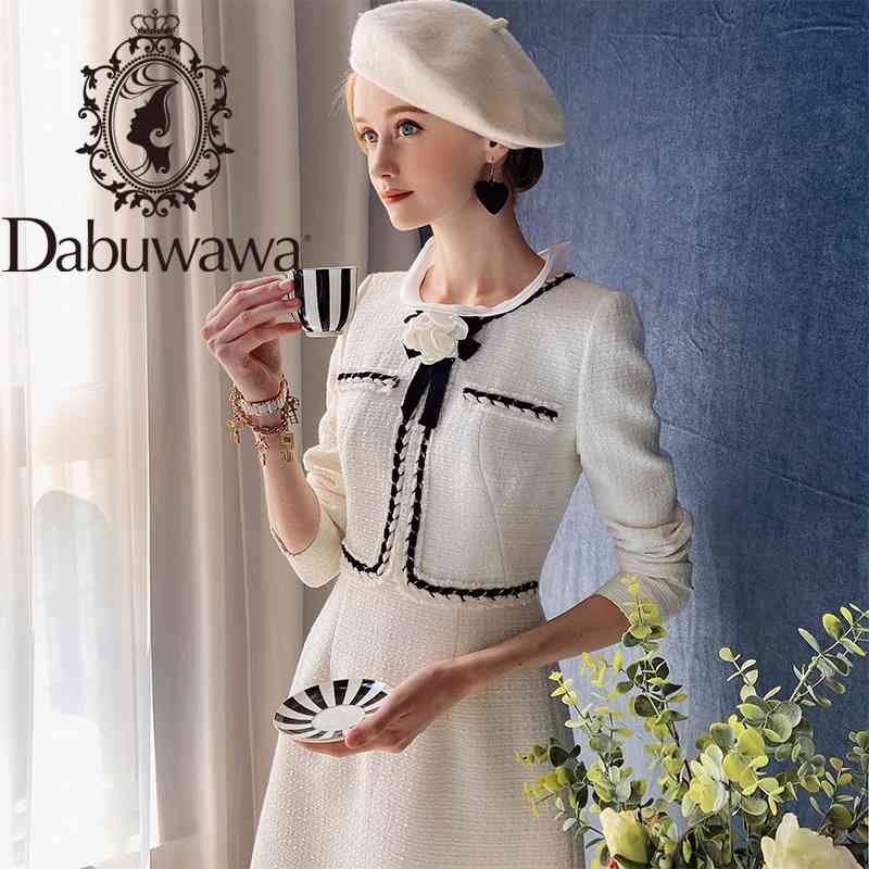

Dabuwawa Vintage Appliques A-Line Dress Women Ruffle Neck Long Sleeve Patchwork Party Dress Ladies Autumn Winter DT1CDR014 210520, White