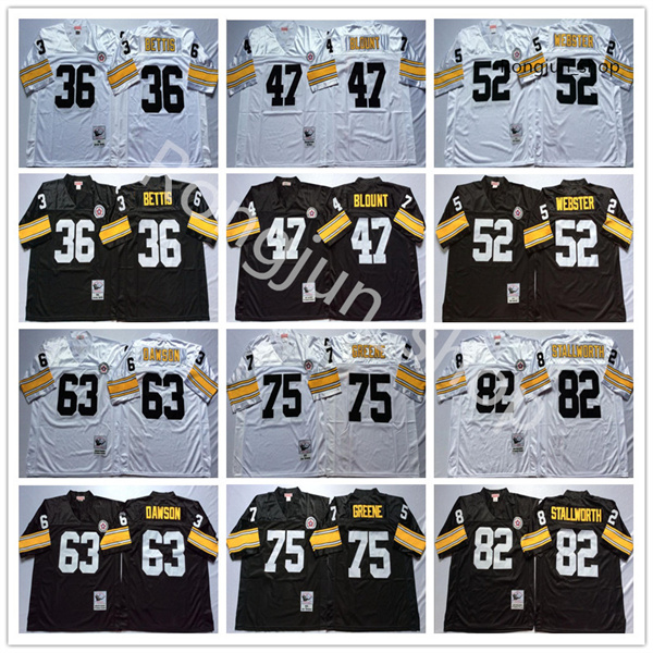

NCAA Football 75 Joe Greene 36 Jerome Bettis Jersey 47 Mel Blount 52 Mike Webster 63 Dermontti Dawson John Stallworth Black White Vintage, 63 black