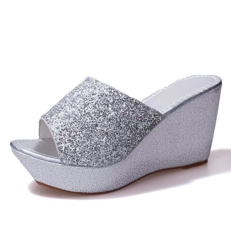 

Summer 2021 sequined slipper wedges and platform sandals for women, 01