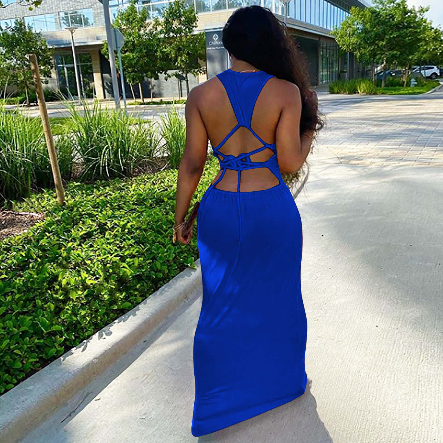 

2021anjamanor hollow out backless maxi dress womens clothes sleeveless long summer dresses for women casual vestidos d42-cc29, Black;gray