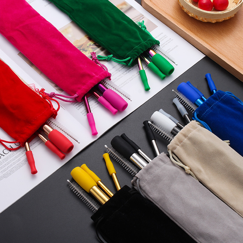 

8Pcs/Lot Reusable Drinking Straw Set Straight Bent Straw With Silicone Tip Cover Cleaning Brush Metal Smoothies Drinking Straws 1221 V2