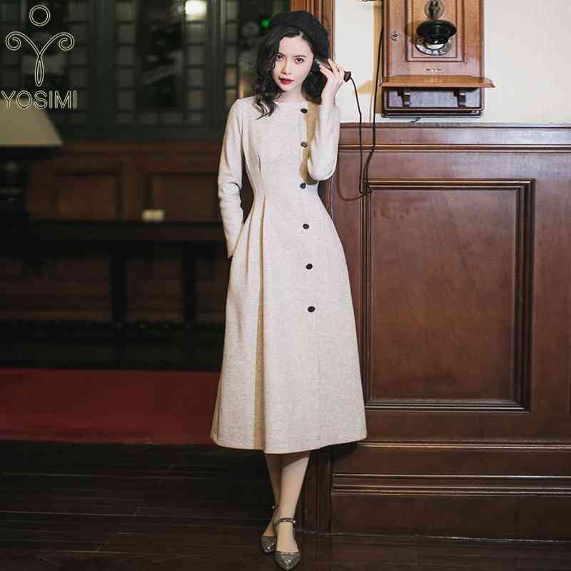 

YOSIMI Autumn Winter Vintage Long Women Dress Elegant Beige Woolen Full Sleeve Evening Party Female Vestidos De Fiesta Midi 210604, Gray