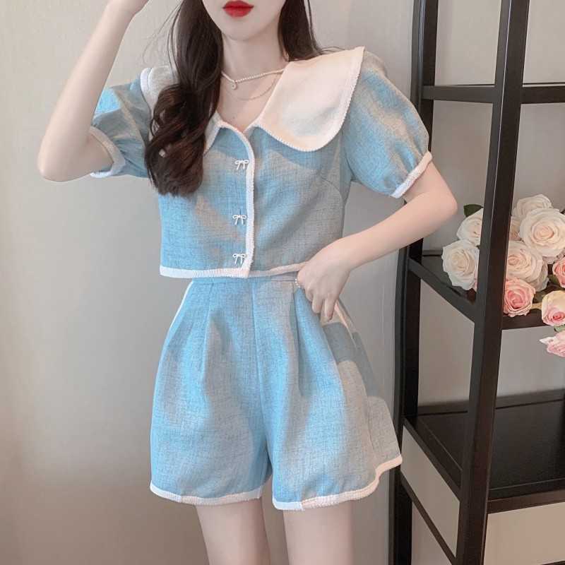 

Elegant Ladies Two-piece Sets Summer Sweet Tweed Hit Color Doll Collar Short Sleeve Crop Top + High Waist Wide leg pants Suit 210526, Photo color