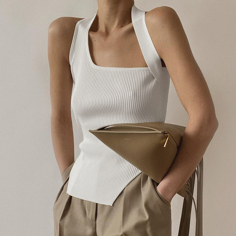 

Women's Vest Fashion Irregular Personality Halter Knit Sweater Slim Simple Sexy Sweater Solid Color Sleeveless Sling Base Shirt Autumn Winter Clothing, Khaki