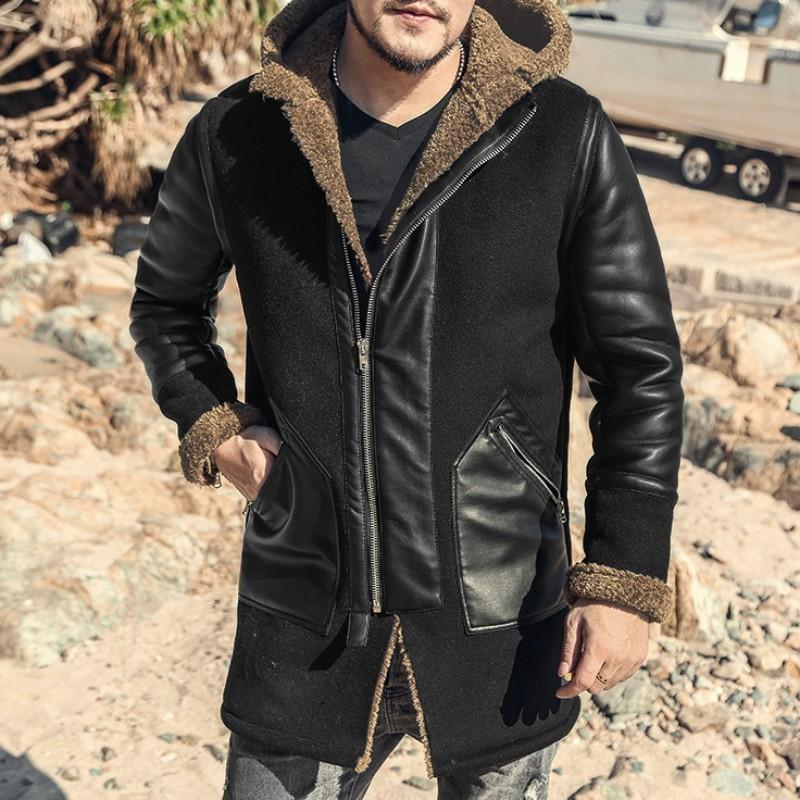 

Men' Fur & Faux Winter Mens Thick Lining Mid Long Leather Jacket Patchwork Hoody Overcoat Bikers Slim Fit Casual Warm Pu Coat, Black