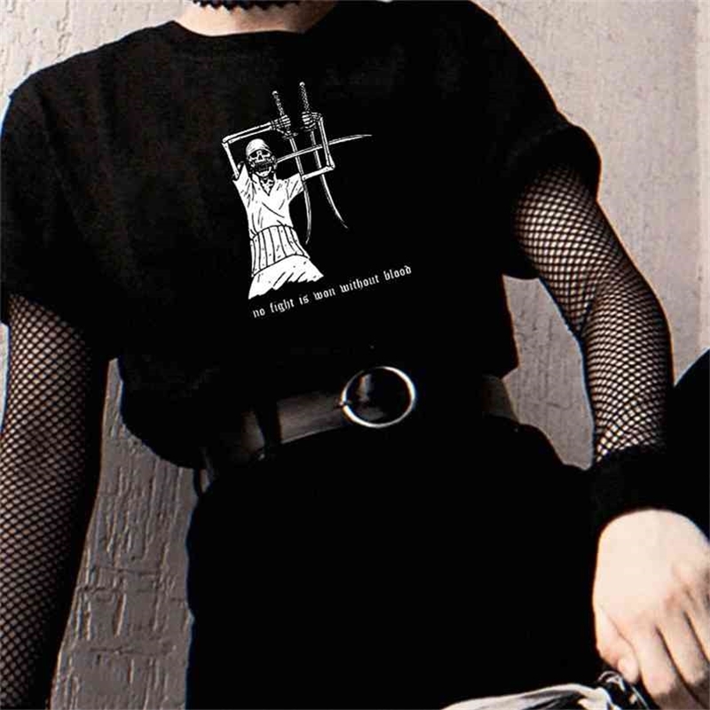 

No Fight Is Won Japanese Style Samurai Knife Harajuku Hipster Cool Grunge Black Tee T-Shirt Tumblr Ulzzang Oversize Women Tee 210518