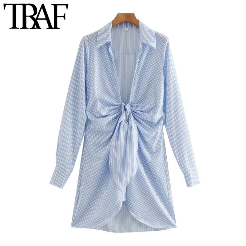 

TRAF Women Chic Fashion With Knot Striped Pleated Mini Dress Vintage Long Sleeve Irregular Female Dresses Mujer, As picture