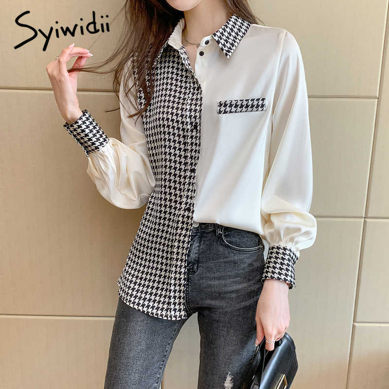 

Syiwidii Houndstooth Satin Blouse Women Office Lady Spliced Tops Patchwork Korean Fashion Clothing Shirt Long Sleeve Beige 210721