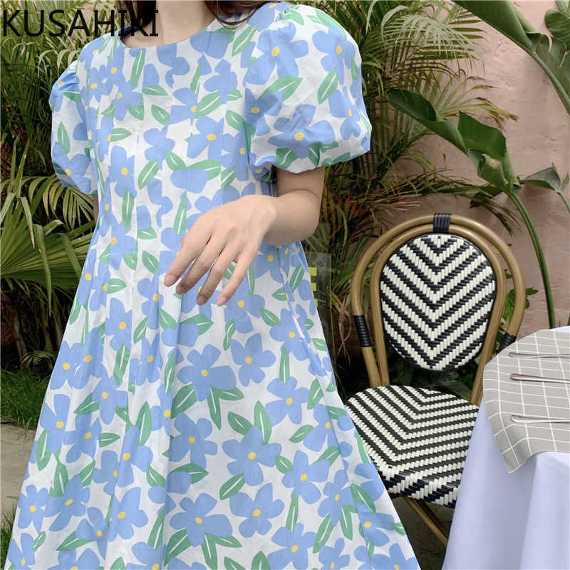 

Elegant Printing Woman Dress Puff Sleeve Square Collar Vestidos Femme Korean Slim Waist A-line Dresses 6H148 210603, Blue