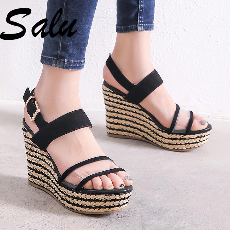 

Salu Arrival Summer Women Platform Super High Heels Shoes Woman Ankle Strap Wedge Sandals Elegant Ladies Wedding, Black
