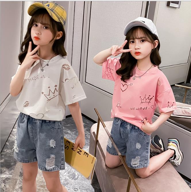 

Girls Clothes Sets O-neck short Sleeve T shirt + Hole Jeans Shorts 2 pcs Clothing suits Kids Outfits Summer, White