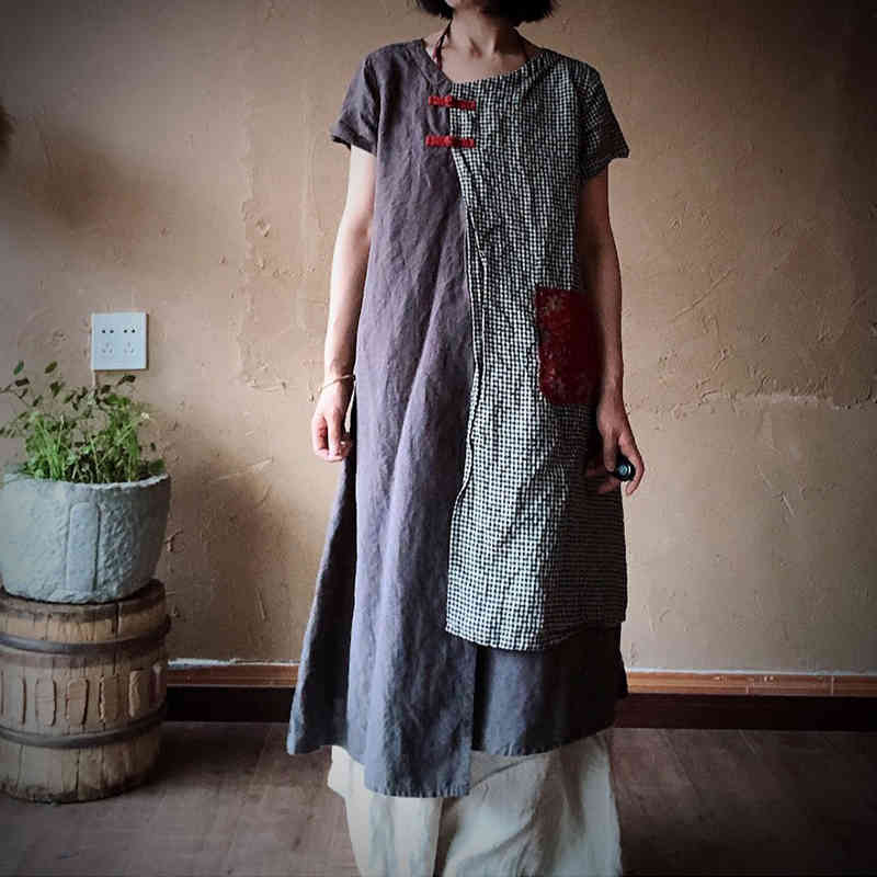 

Johnature Women Patchwork Dress Casual O-neck Plaid Short Sleeve Summer Linen Vintage Packet Fake 2 Pieces Dresses 210521, Gray