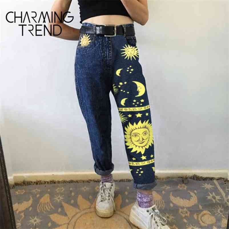 

Women's High waist Pant jeans Female Summer womens Jeans Trousers Girls Denim Chic Fashion Moon Star Sun Print Pant 210629, Blue women jeans
