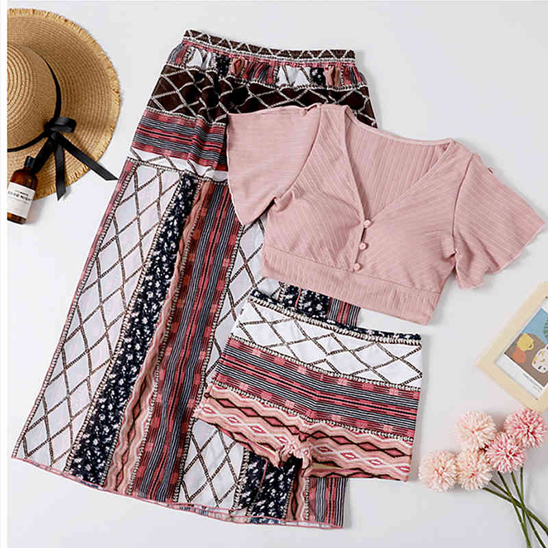 swimwear Skirt style 3-pieceKorean short sleeve swimsuit women&#039;s sexy pink High Cut Tankini Plunge Bra and Floral Briefs-image-677540757