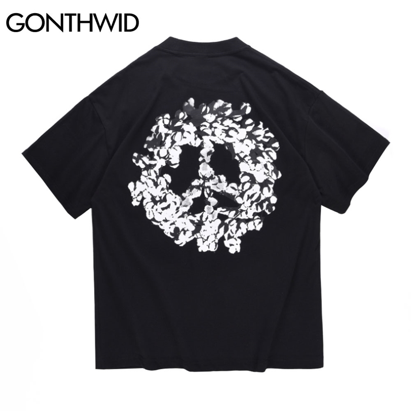 

T-Shirts Streetwear Hip Hop Peace Sign Anti-War Print Short Sleeve Tshirts Harajuku Fashion Cotton Loose Tees Men Tops 210602, Black