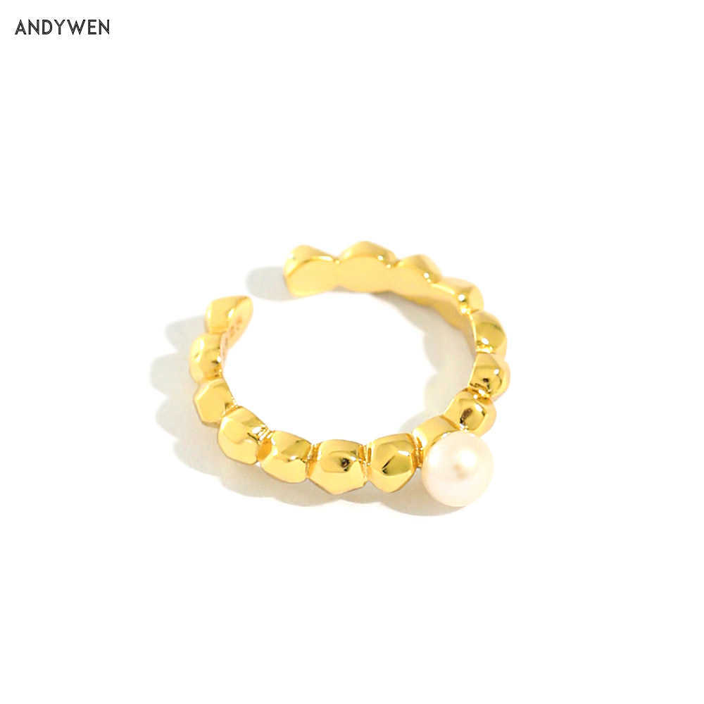

ANDYWEN 925 Sterling Silver Pearl Beads Open Adjustable Ring Women Fashion Wedding Party Jewelry For Rock Punk Jewels 210608
