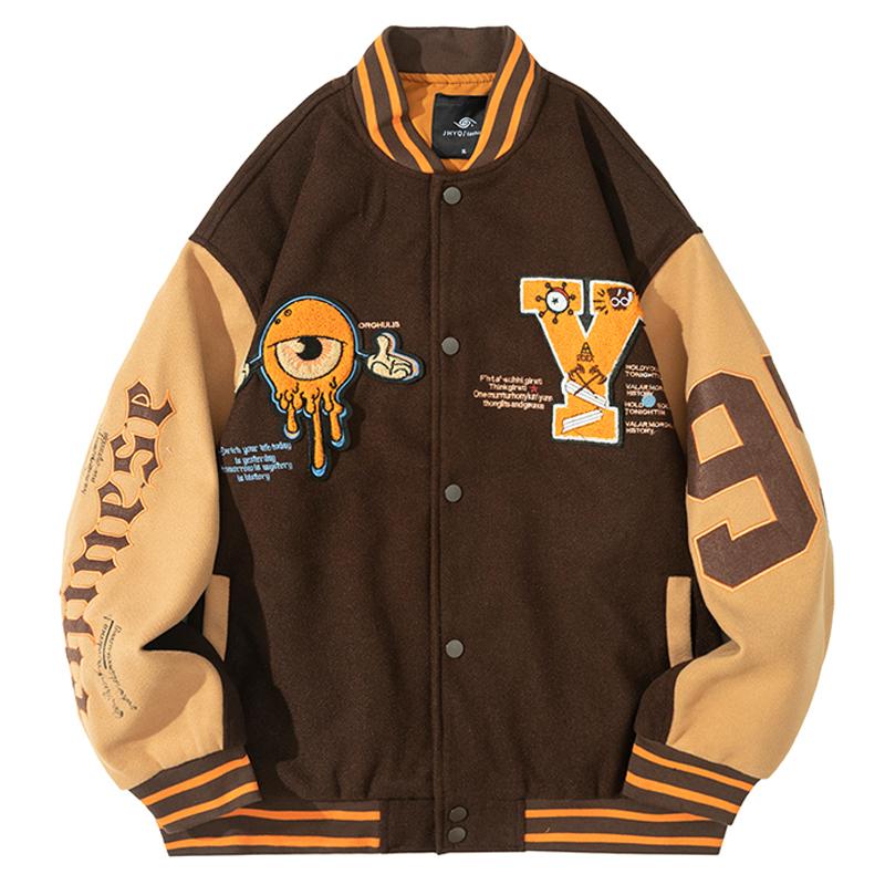 

Men' Jackets Mens Varsity Jacket Letter Eyeball Embroidery Patchwork Baseball 2021 Winter Streetwear Oversized Bomber Unisex, Black