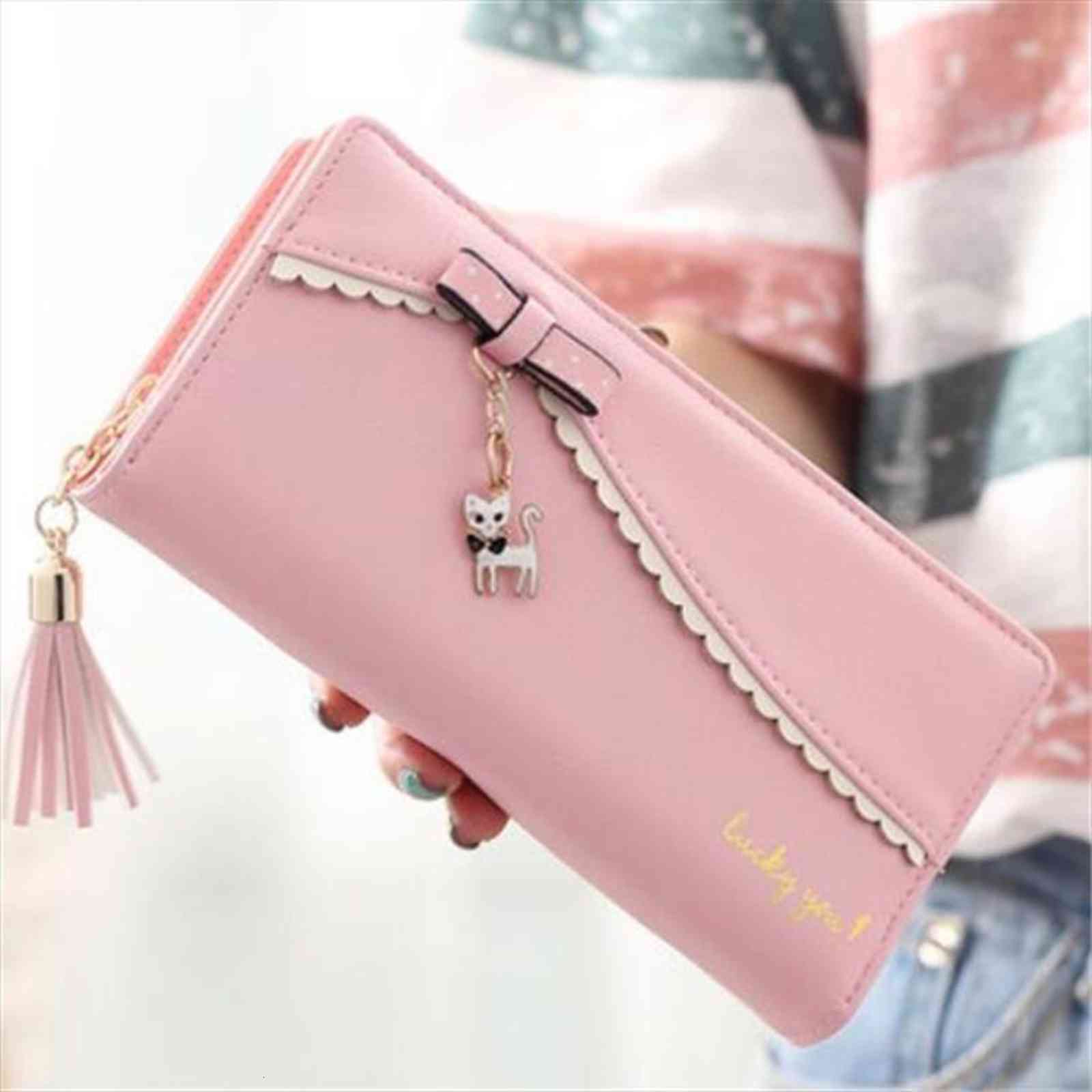 

Pu Leather Long Wallet Women Card Holder Purse Sweet Bow Cute Cat Pendant Tassel Ladies Clutch Phone Money Coin Portemonnee, Pink