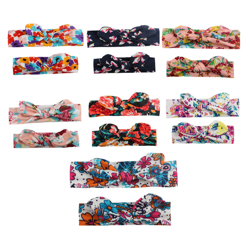 

2Pcs/Set Mom & Baby Headbands Mother Turban Moms Daughter Rabbit Ears Hairband Floral Print Parent-Child Hair Accessories, #7