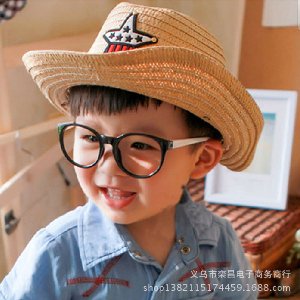 

Summer Korean boys and girls Western Cowboy children's Sun Hat Baby straw hat five pointed star, Yellow