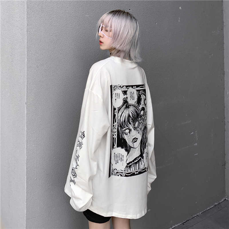 

Korea ins Harajuku vintage punk BF dark evil female print long-sleeved T-shirt fashion loose 210608, White