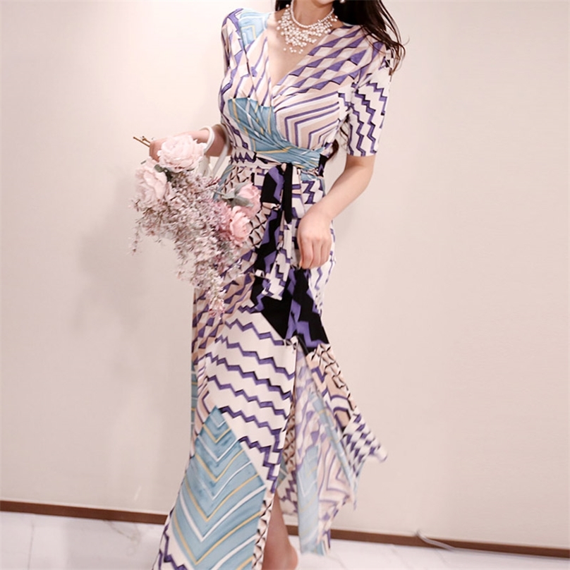 

maxi floral Dress for women Summer Stripe Short Sleeve V neck polyester ladies Sexy elegant print Long Dresses 210602, Multi