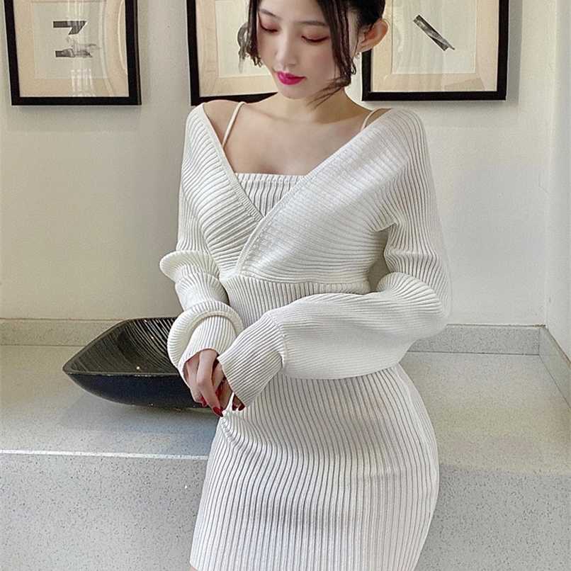 

Autumn Sexy Wrap Hip Long Sleeve Grey Strapless Knitted Dress Mini Fake Two Pieces White Slim Wild Fashion Vestido Feminino 211110