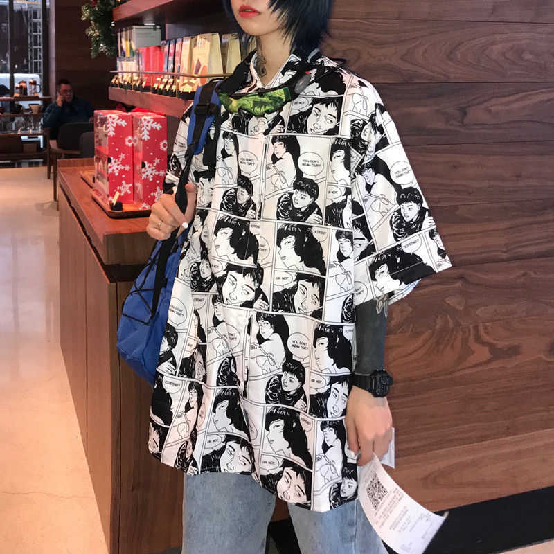 

Harajuku vintage short sleeved Blouses printing turn-down collar tops Blouse shirts causal loose Cardigan female summer 210526, White