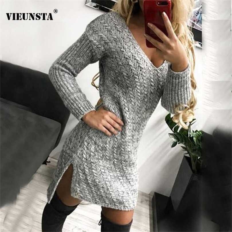 

Autumn Winter Twist Knitted Sweater Dres Casual Deep V Neck Slit Party Vintage Long Sleeve Slim Bodycon Mini 211110, 03 red