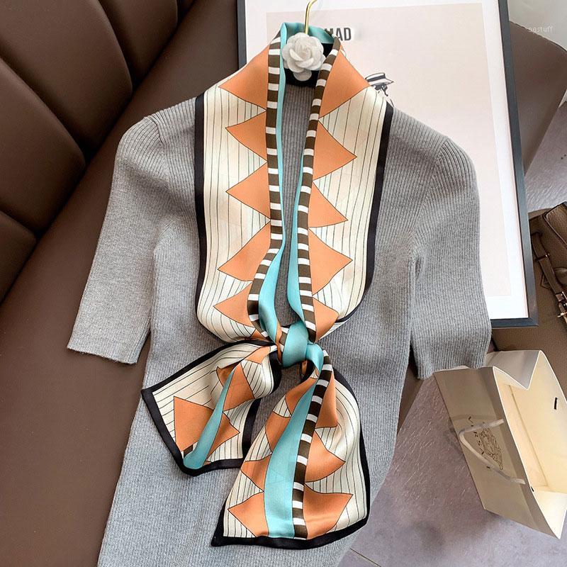 

Scarves 100% Silk Scarf Women Neck Hairband Elegant Floral Neckerchief Bandana Stripe Female Foulard High Quality, Blue;gray