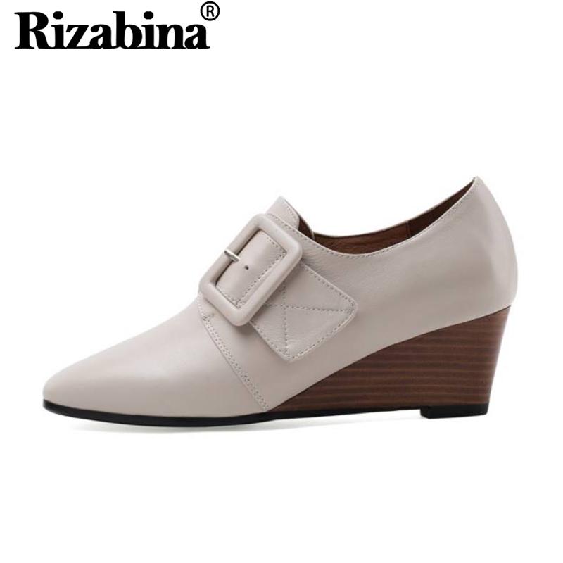 

Dress Shoes RIZABINA Women Pumps Design Wedges Heels Buckle Genuine Leather Fashion Square Toe Footwear Size 34-40, Black