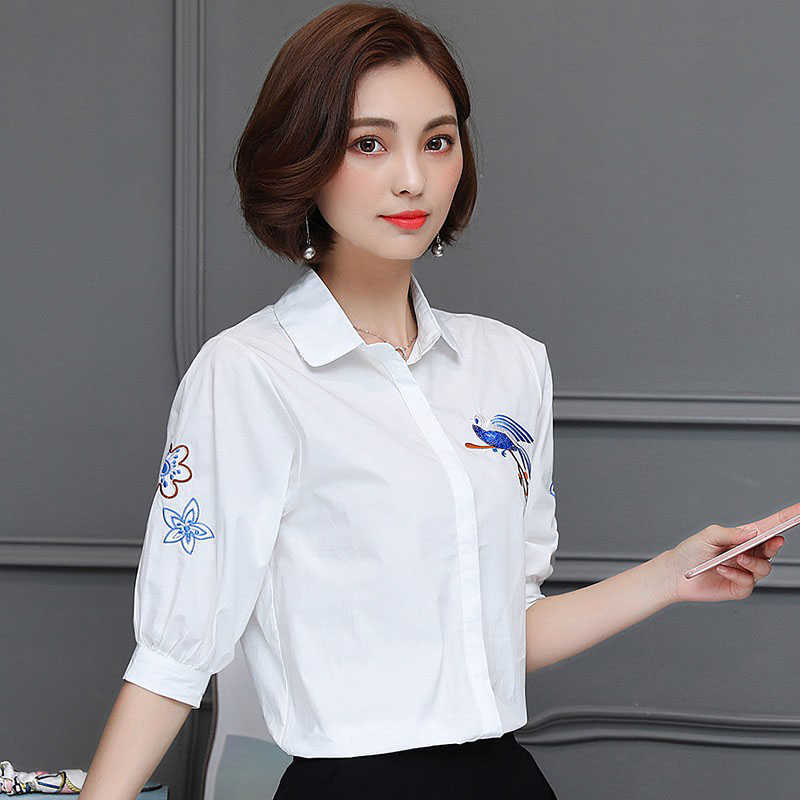 

Office Work Wear Women Spring Summer Style Chiffon Blouses Shirts Lady Casual Half Sleeve Striped Blusas Tops with Pocket DF1816 210609, White
