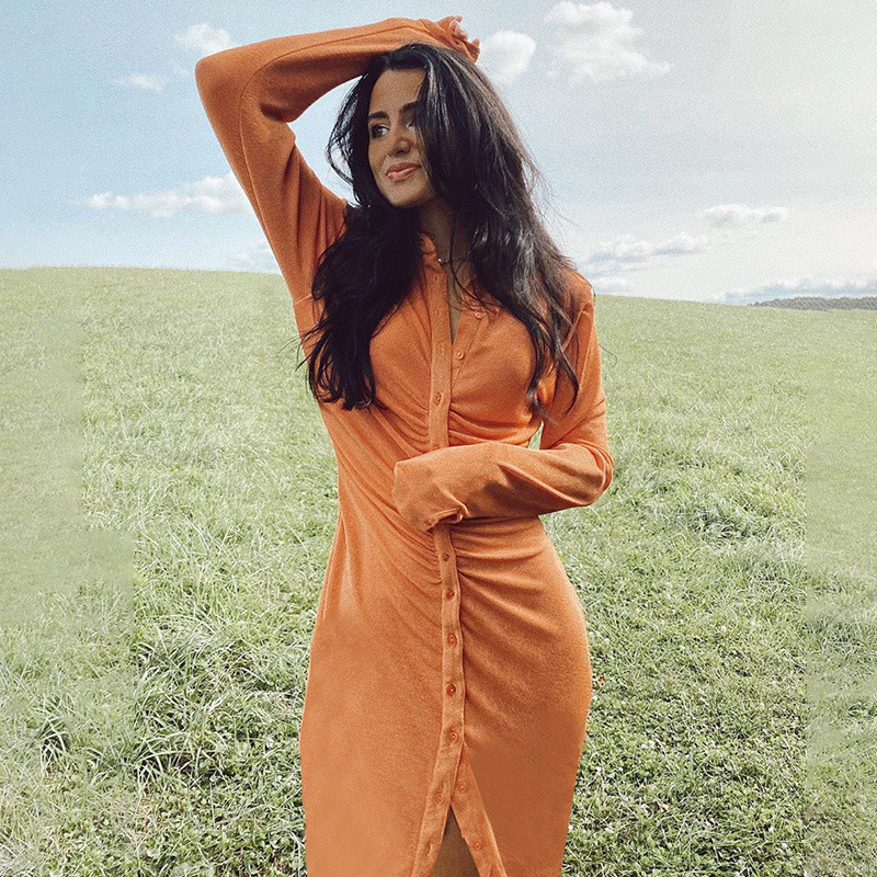 

2021fantoye ruched turn-down collar button blouse dress women long sleeve midi dresses elegant black skinny female vestidos, Black;gray