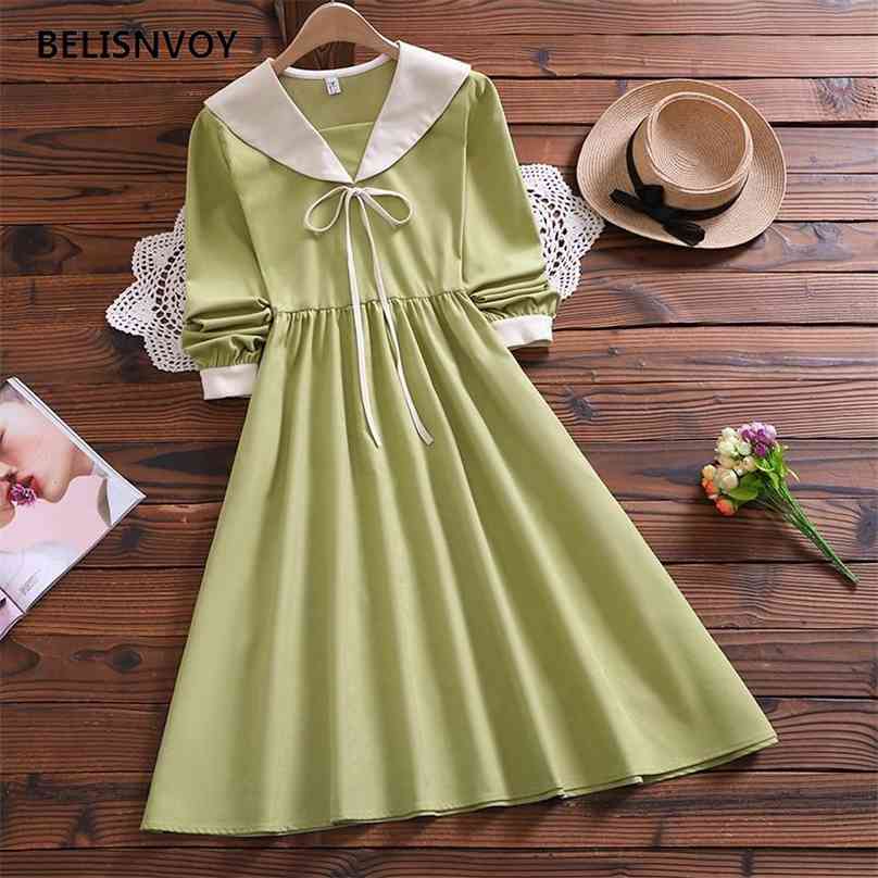 

Japanese Harajuku Autumn Winter Women Midi Dress Sailor Collar Casual Loose Preppy Elegant Sweet Cute Kawaii 210520, Yellow