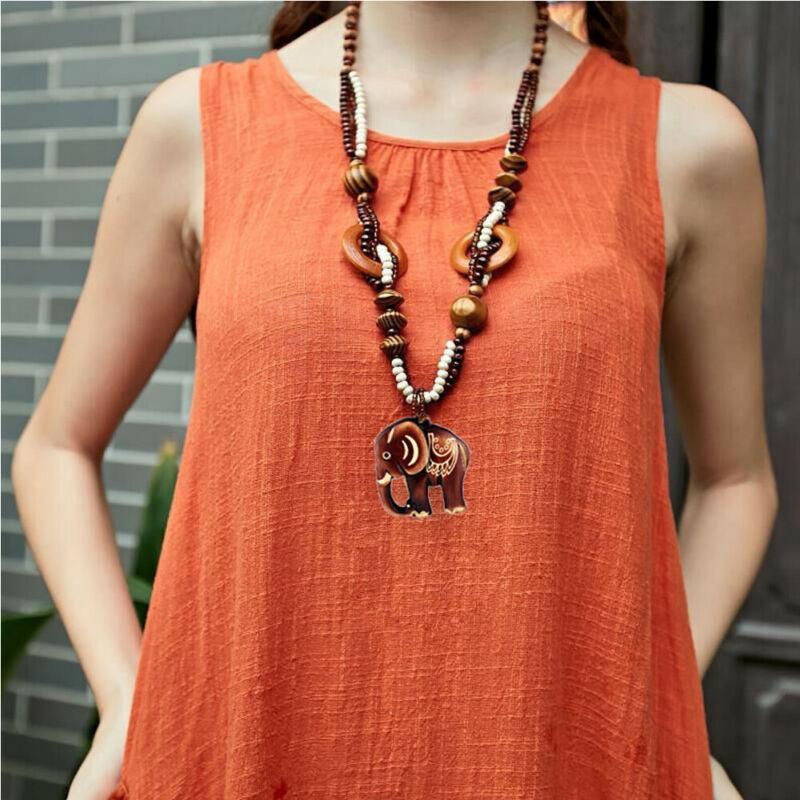 

Pendant Necklaces HIRIGIN Boho Elephant Necklace Wood Hand Made Bead Long Ethnic Style Jewelry, Silver