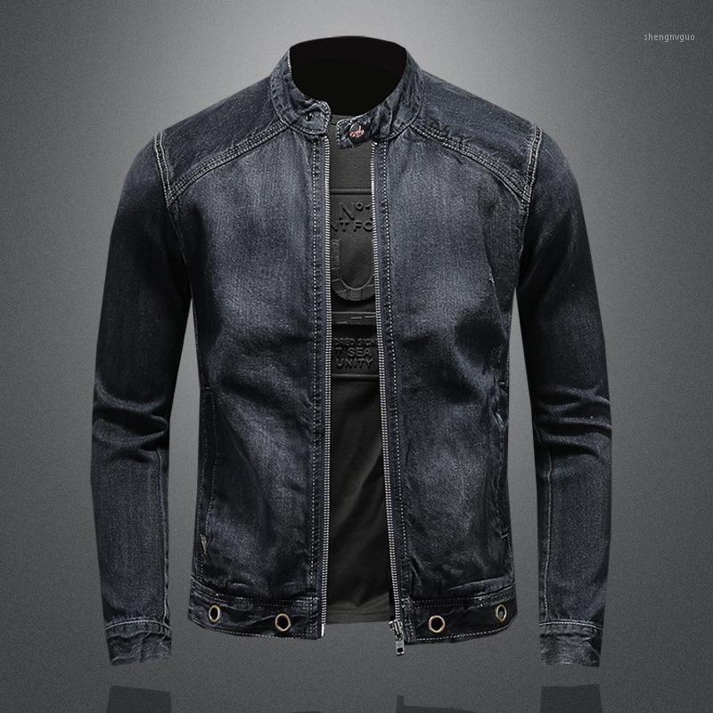 

Men's Jackets Stand Collar Motorcycle Biker Jeans Patchwork Denim Man Slim Fit Streetwear Vintage Jacket Spring Coat, Denim blue