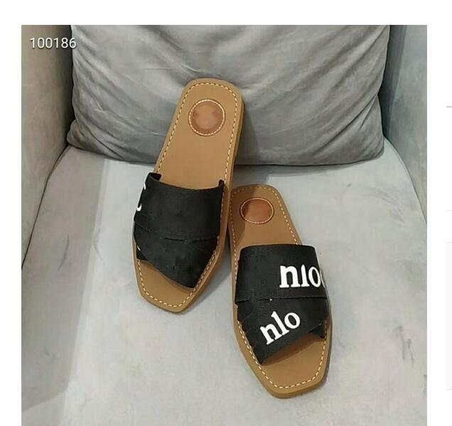 

Newest Branded Women Woody Mules Fflat Slipper Deisgner Lady Lettering Fabric Outdoor Leather Sole Slide Sandal 022, Black