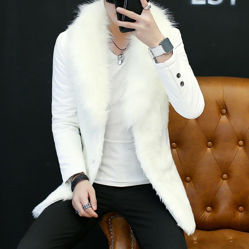 

Men's Fur & Faux Fashion Mens Leather Warm Long Coat Collar Outwear Black White Winter L43, 8767 white
